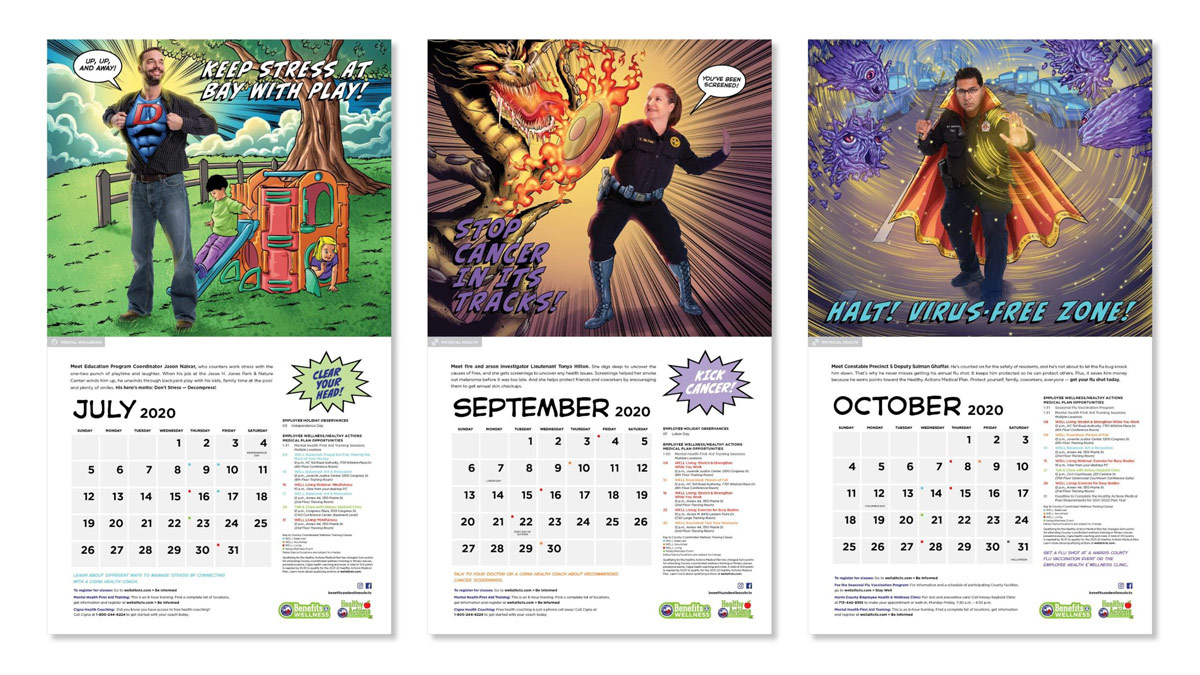 Three images showing different months of the Harris County calendar.