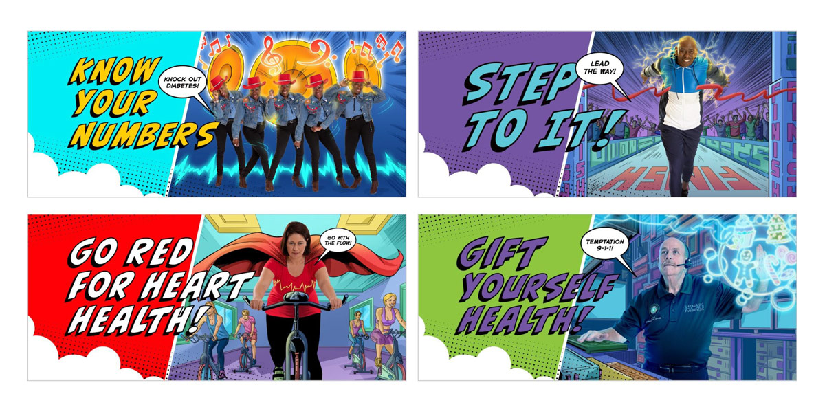 Four examples of Harris County Facebook cover photos showing activities for good health.