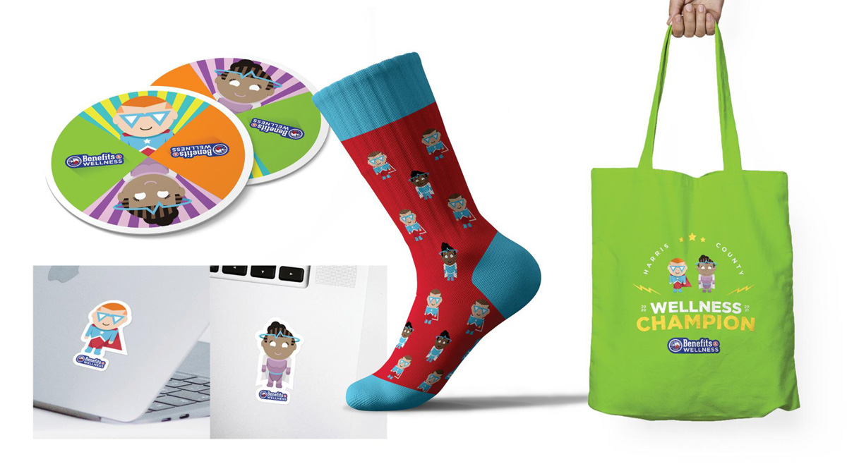 Event giveaways, including branded socks, a tote, coasters, and computer stickers.