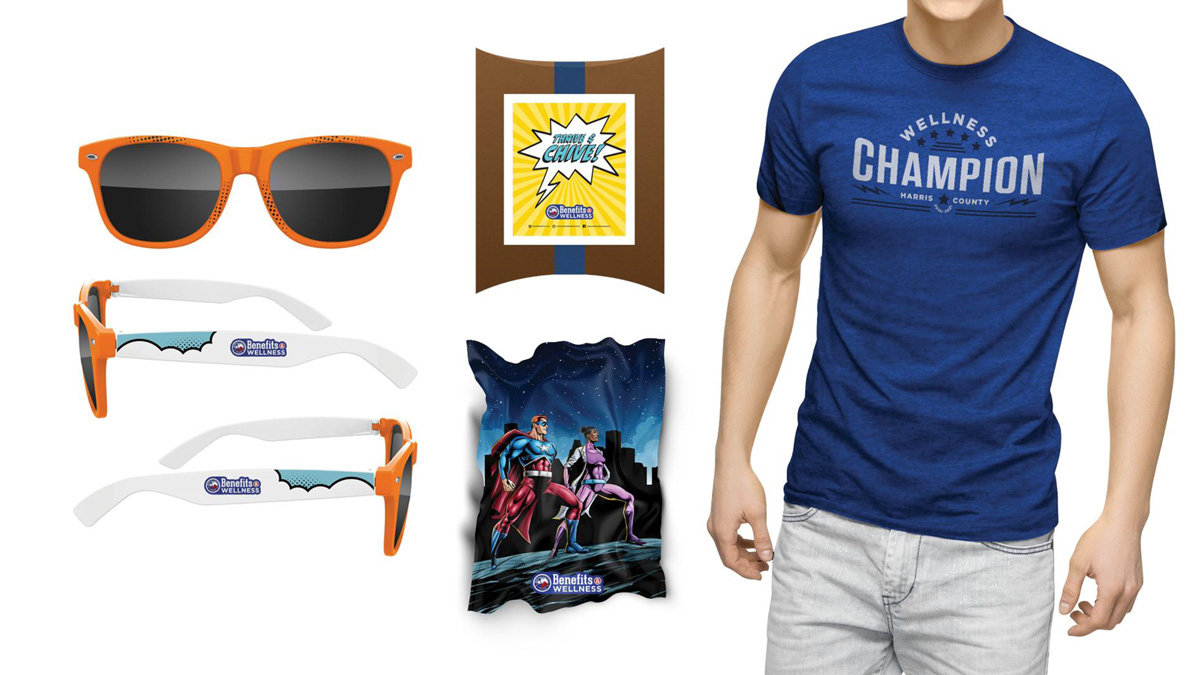 Giveaway items including sunglasses and t-shirts.