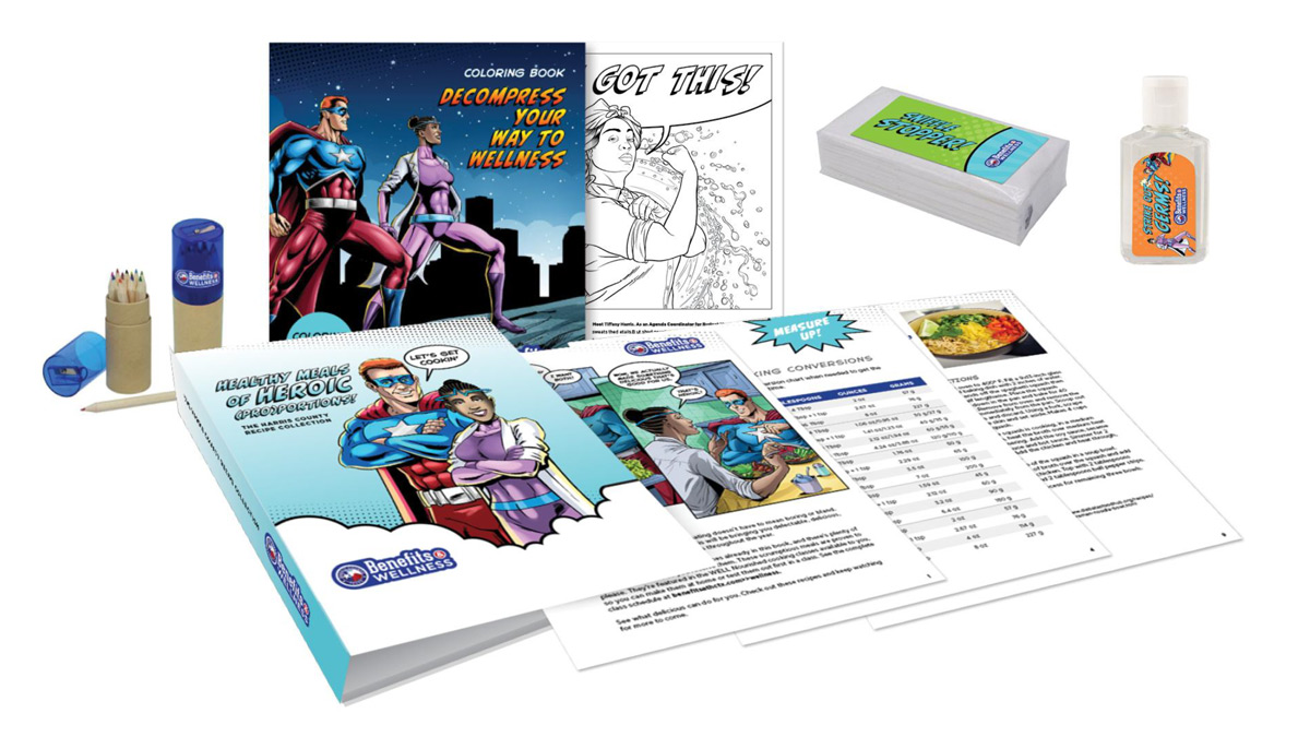Custom coloring book, cookbook, tissue packages, and hand sanitizer bottles.