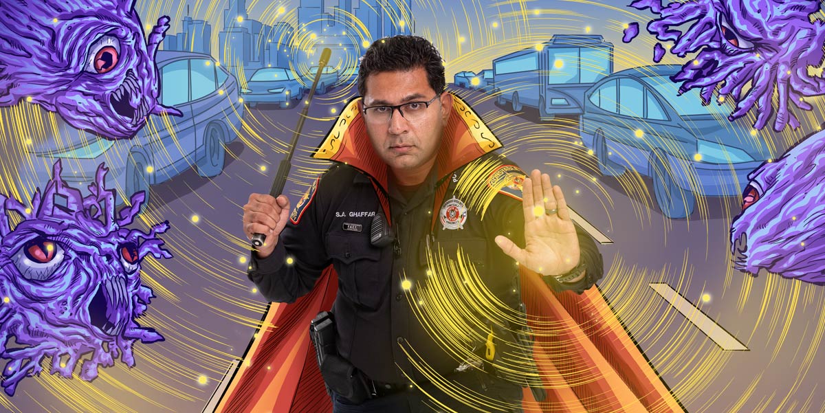 Police officer with a superhero cape standing in an illustrated city street with monster-type virus surrounding.