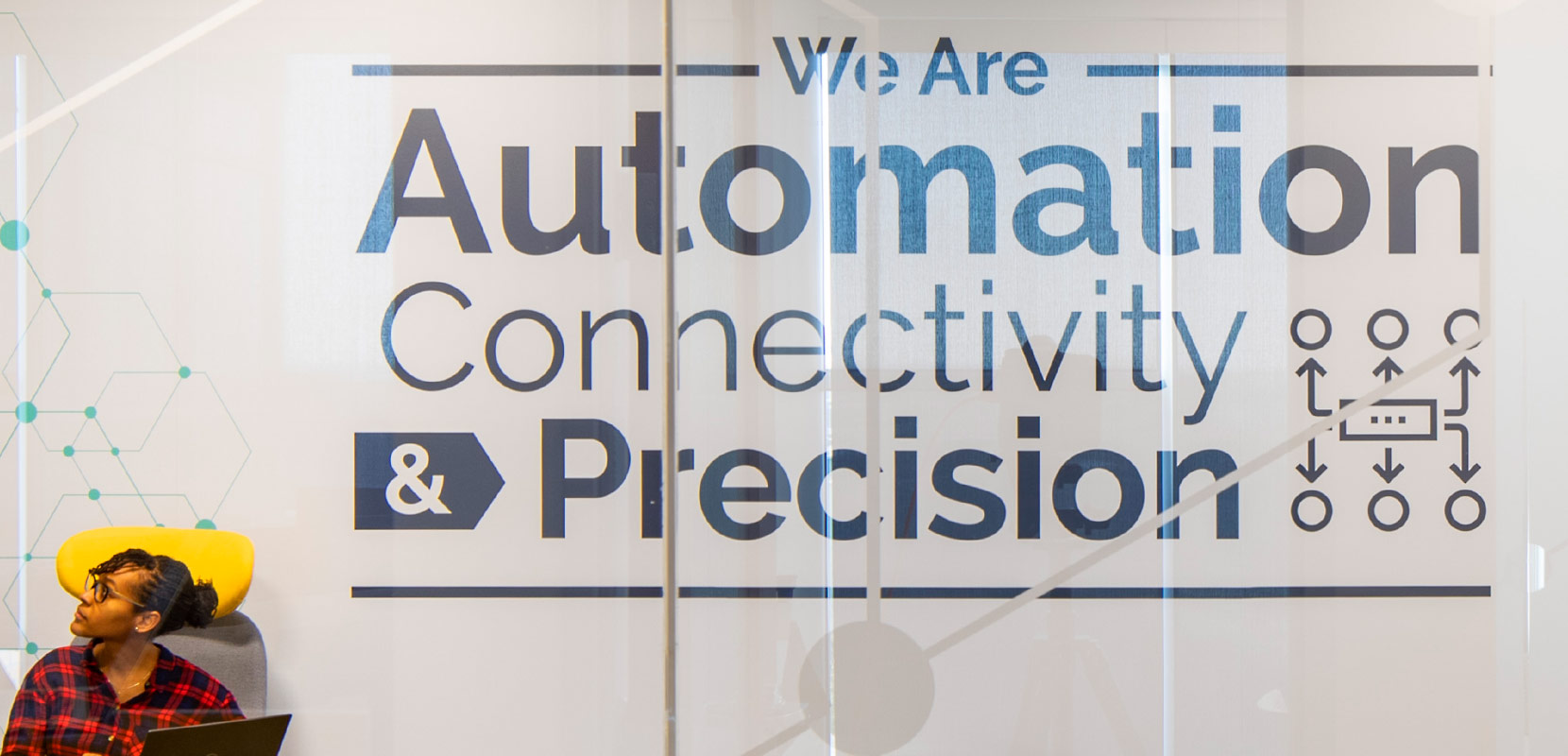 wall graphic that says We Are Automation, Connectivity and Precision