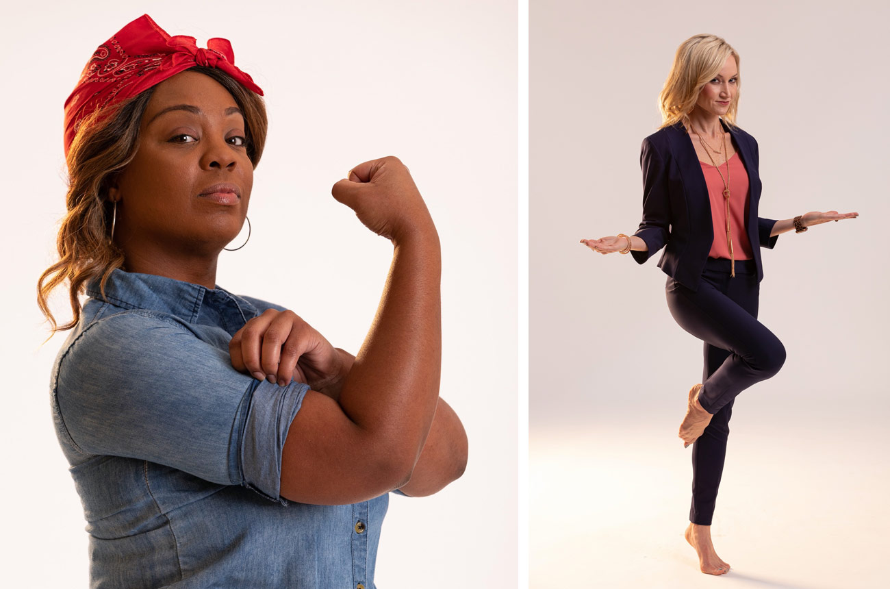 woman posing as rosie the riveter and woman standing on one foot