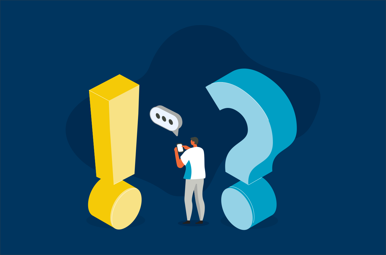 illustration of a person standing between an exclamation point and a question mark