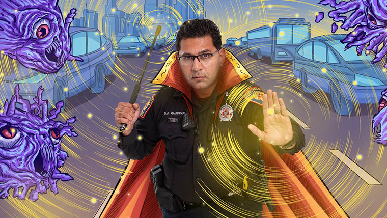 Police officer with a superhero cape standing in an illustrated city street with monster-type virus surrounding.