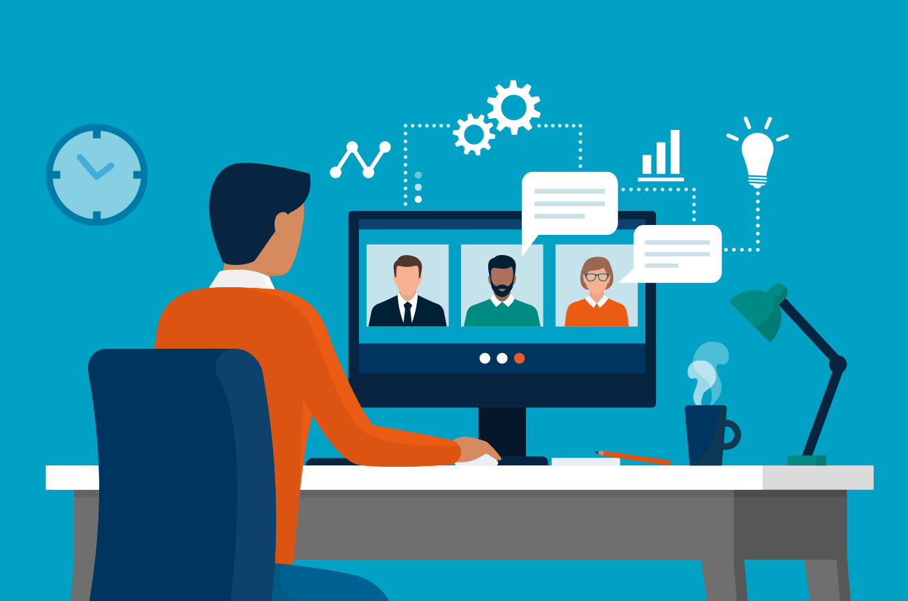 illustration of a man on sitting at a desk during a virtual meeting