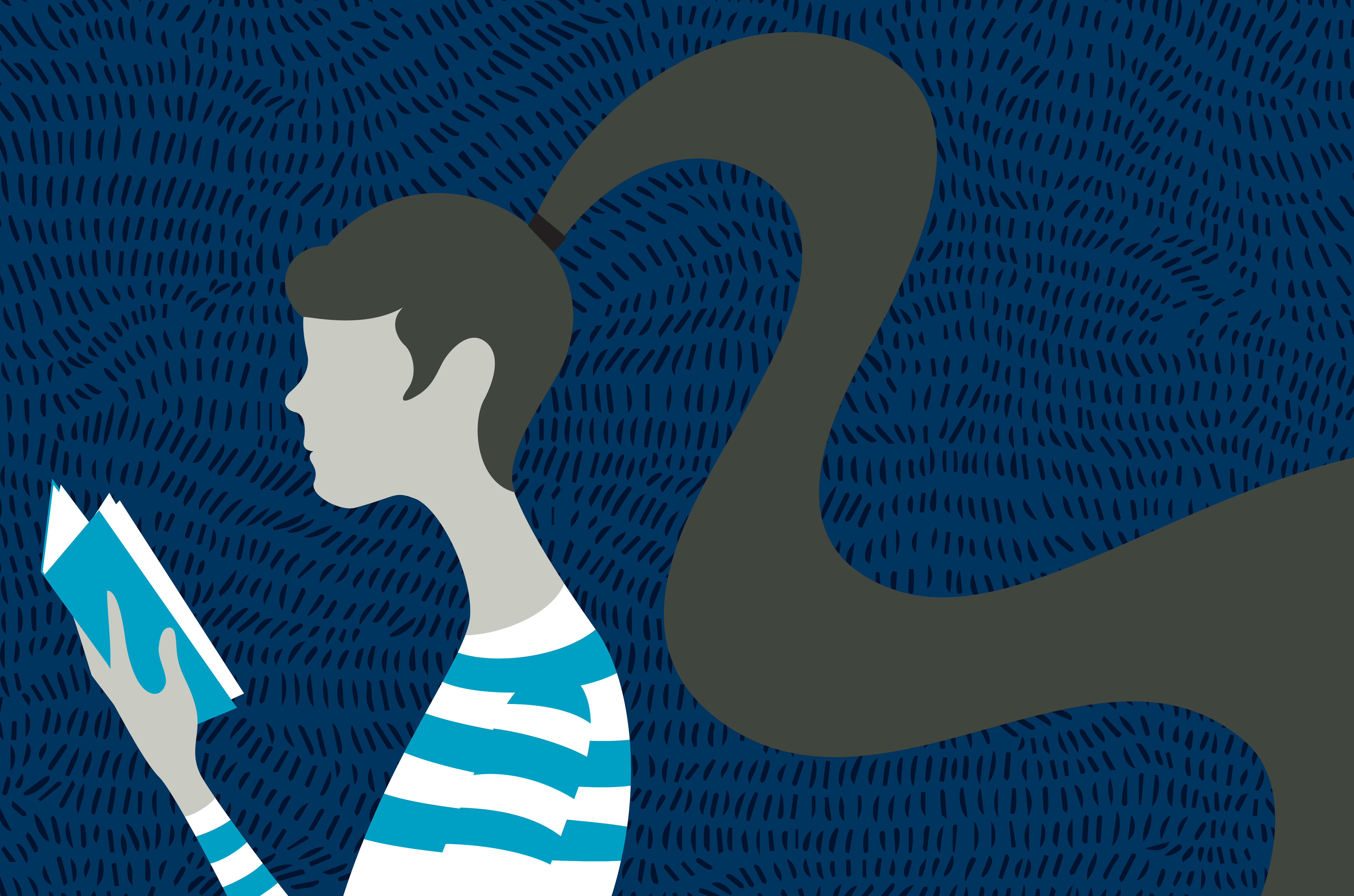 Illustration of a woman with long brown hair reading.