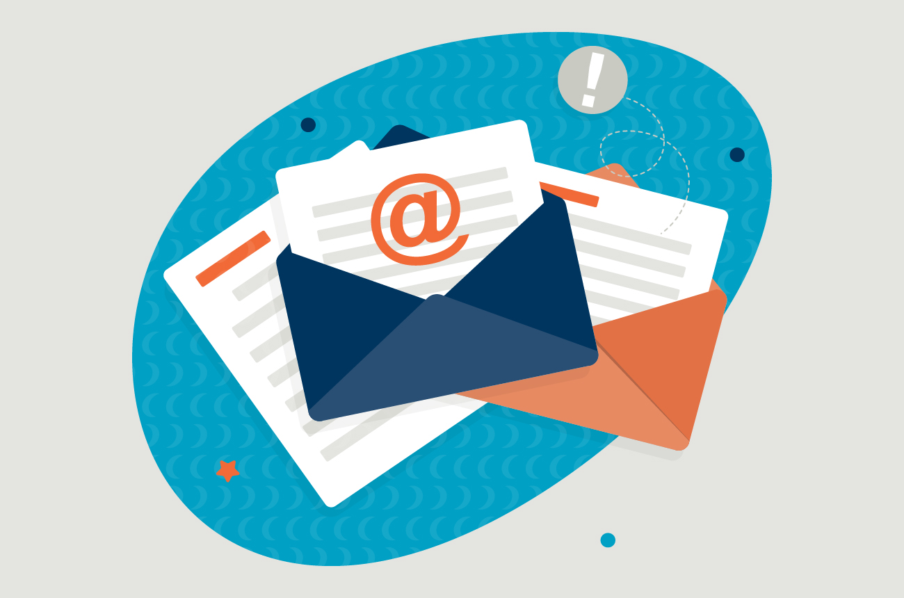 Graphic of 3 pieces of mail, one of which has an @ sign