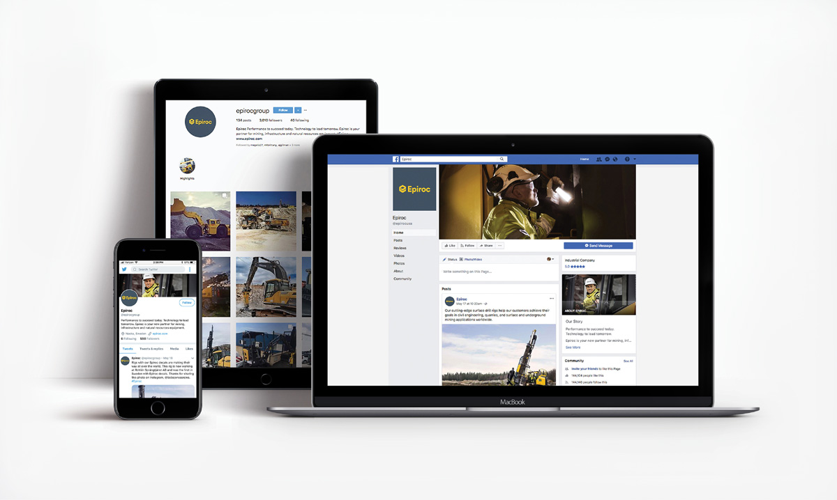 Epiroc social media channels pulled up on a laptop, tablet, and smartphone.