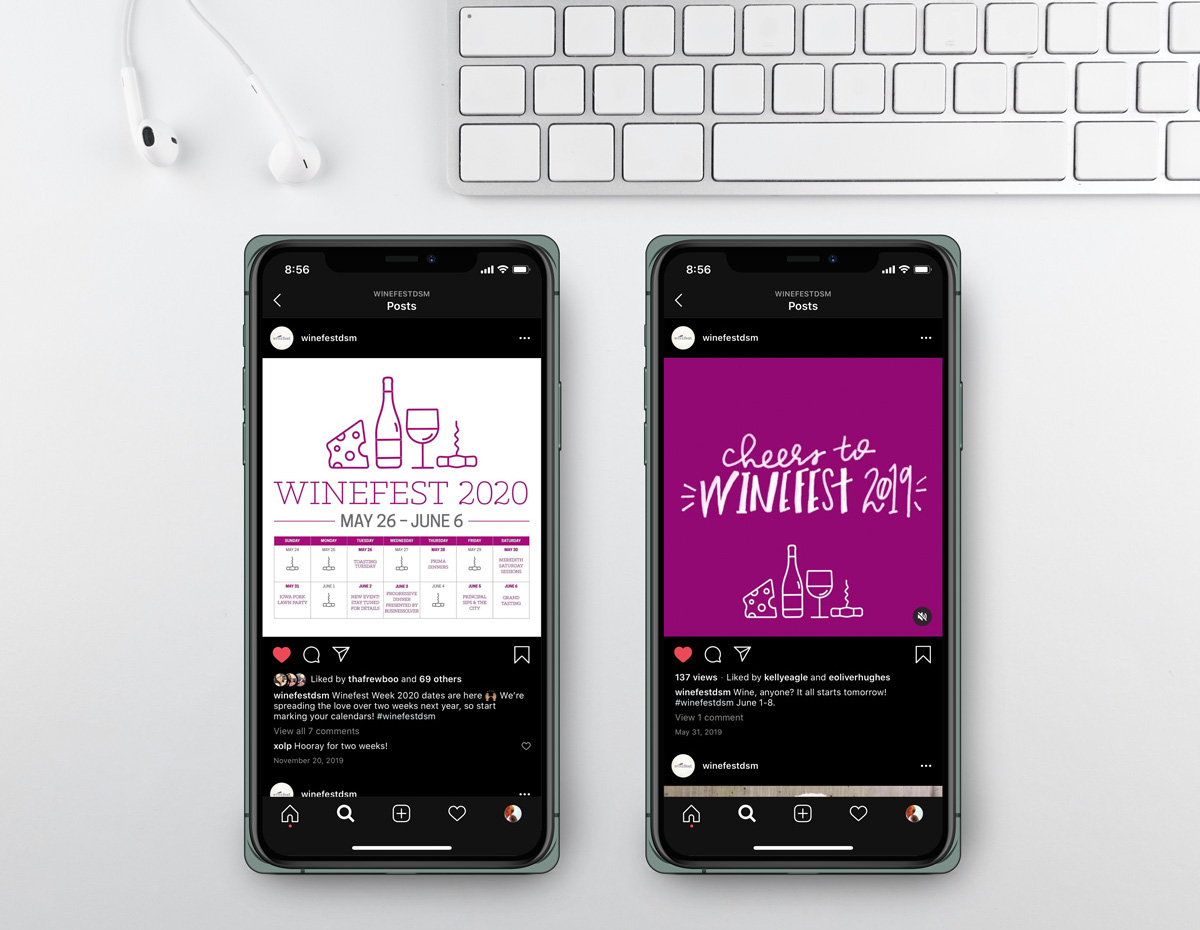 Two smartphone screens showing the new Winefest branding within Instagram posts.