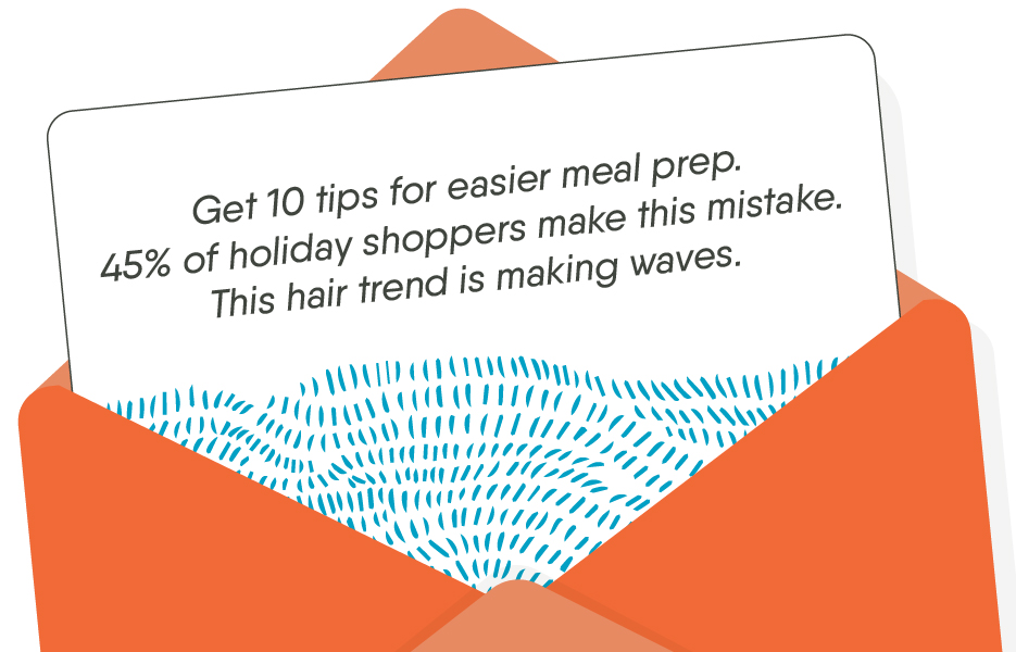 Orange envelope and white paper showing examples of effective subject lines.
