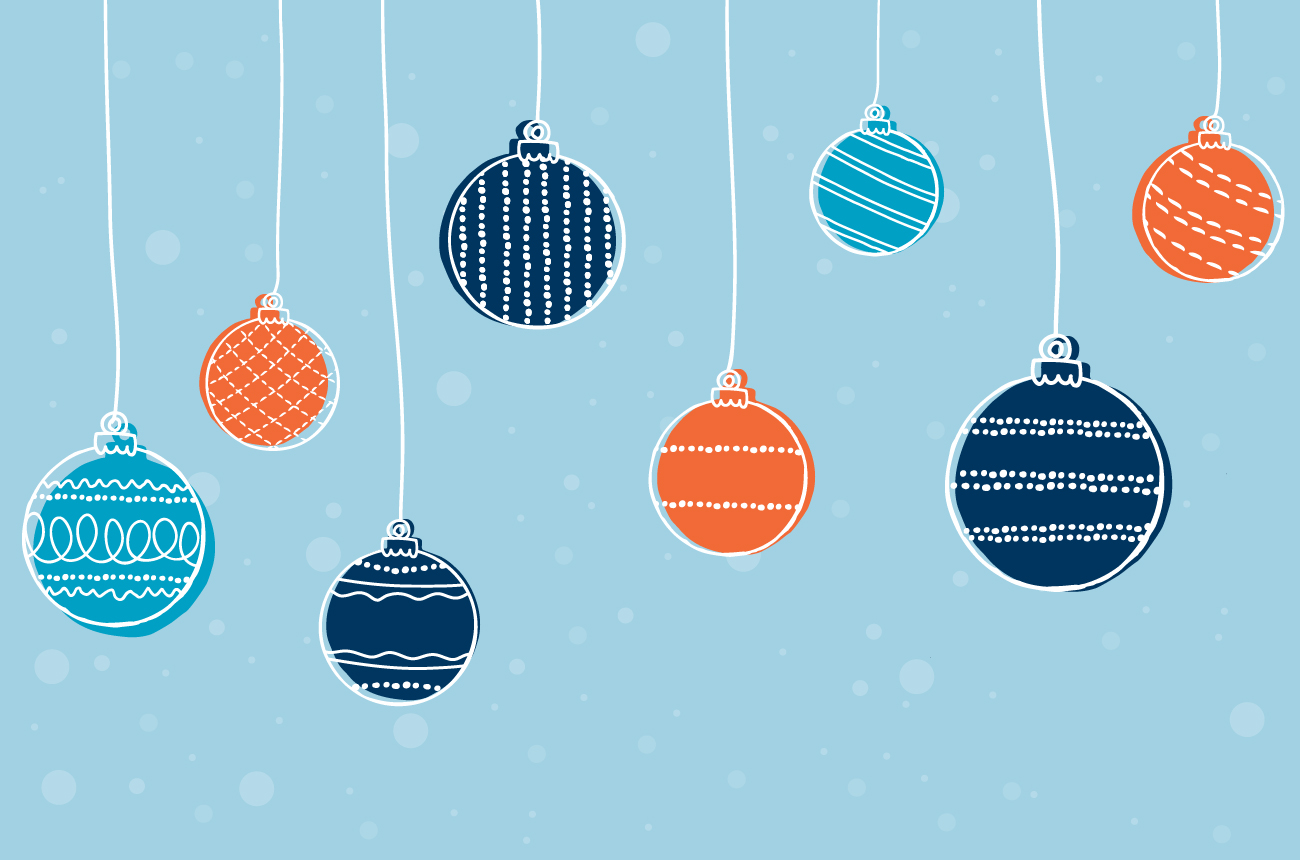 Illustration of blue and orange ornaments hanging in front on a blue background. 