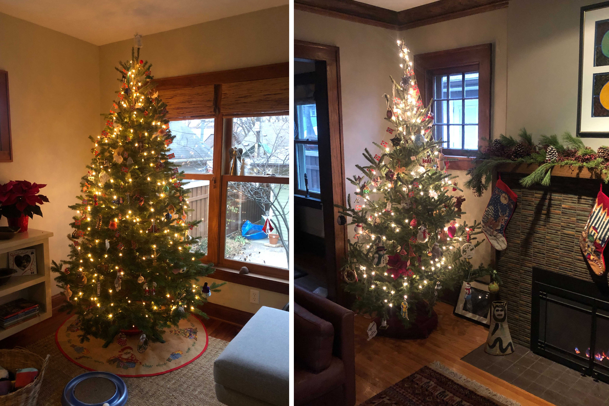 Two side-by-side photos of decorated Christmas trees sitting in living rooms. 