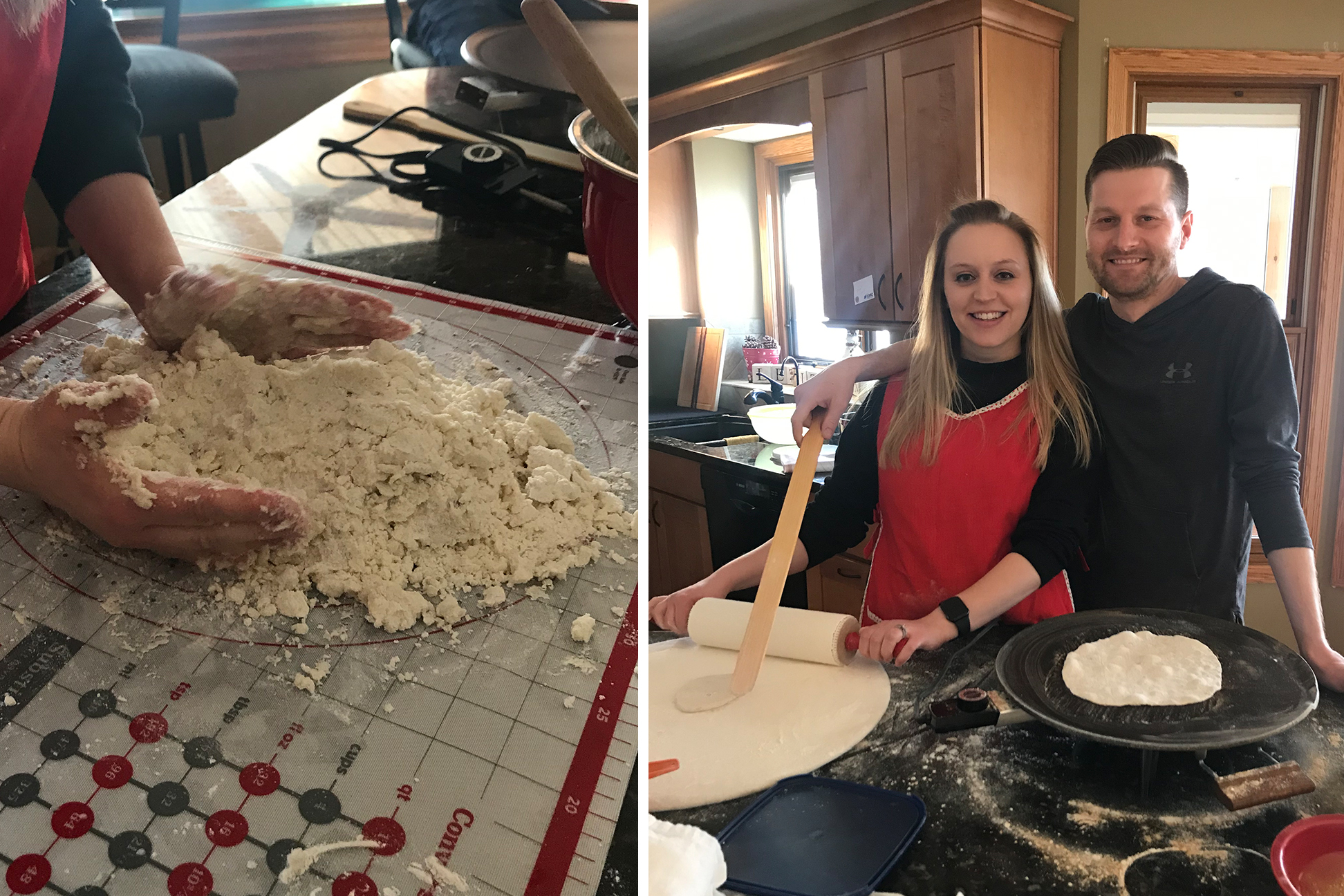 One photo of woman making lefsa. A second photo of a woman and man rolling out dough. 