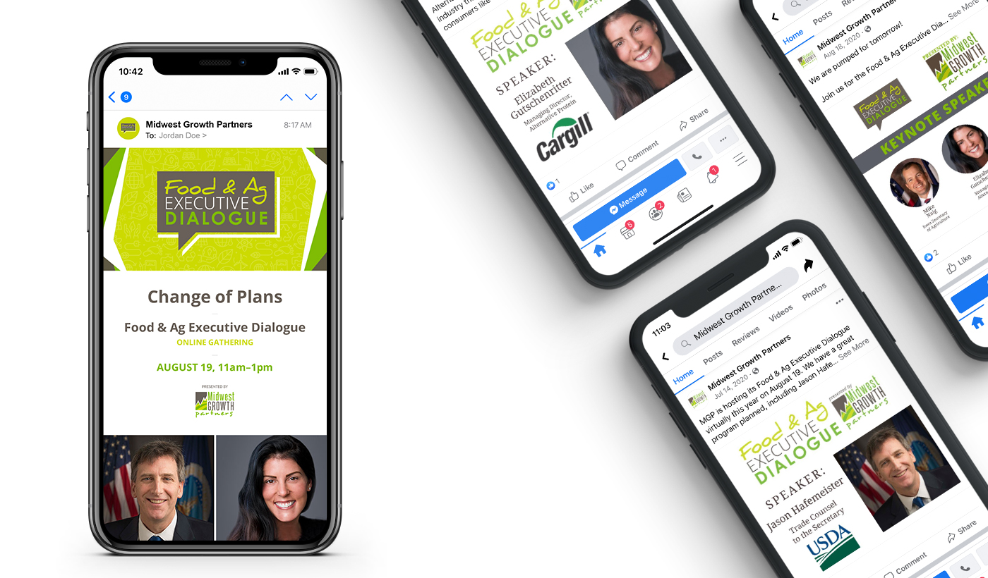 Multiple smartphones on a white background with social media posts pulled up on them. 