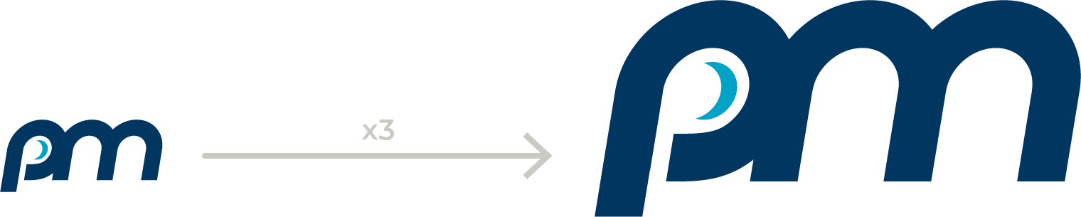  A small pm logo followed by an arrow pointing to a larger pm logo.