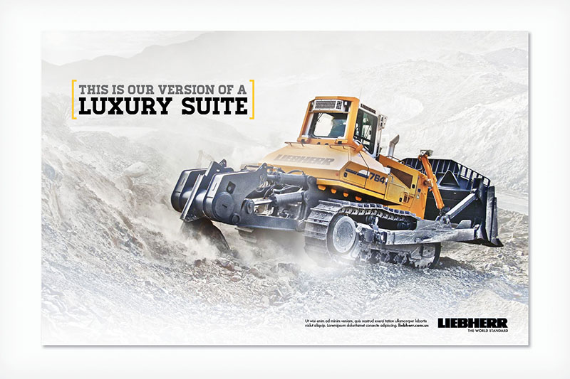 Liebherr advertisement showing large machinery digging into the ground.