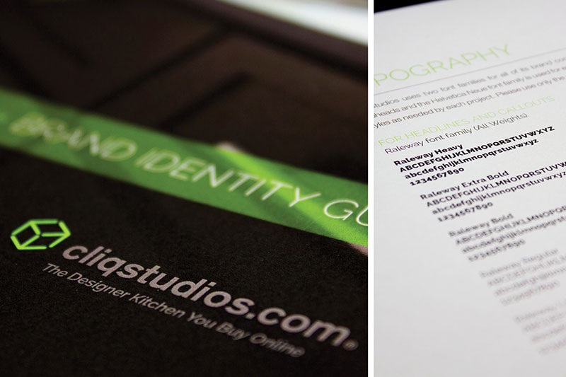 cliqstudios.com logo beside a sheet of paper showing typeface examples.