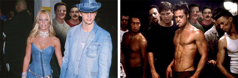 Brittany Spears and Justin Timberlake in matching denim outfits with Jeff and Jim in the background, and Flight Club movie scene with Jim and Jeff in the background.