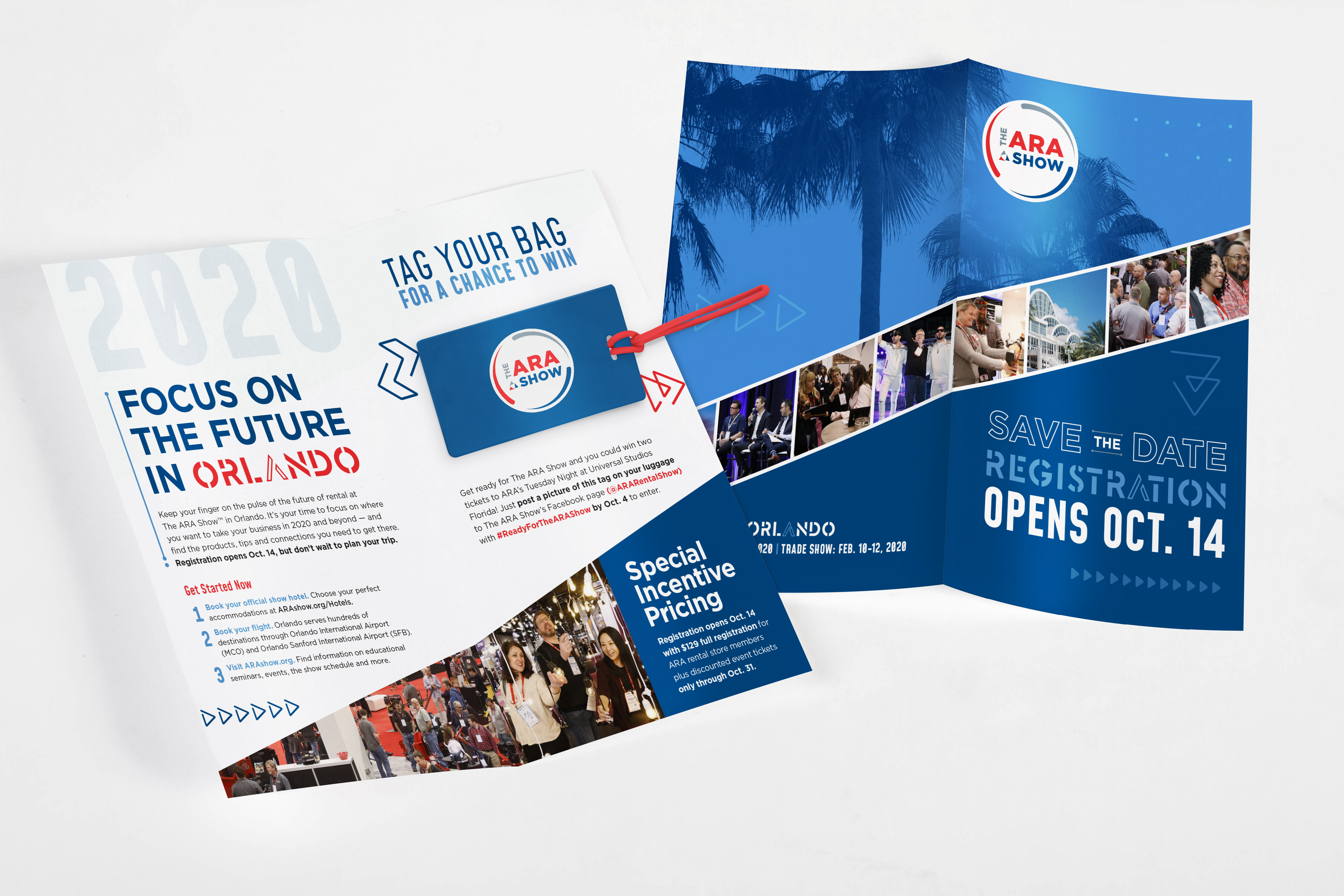 ARA Show 2020 direct mail front and back shown overlapped on a grey background. 