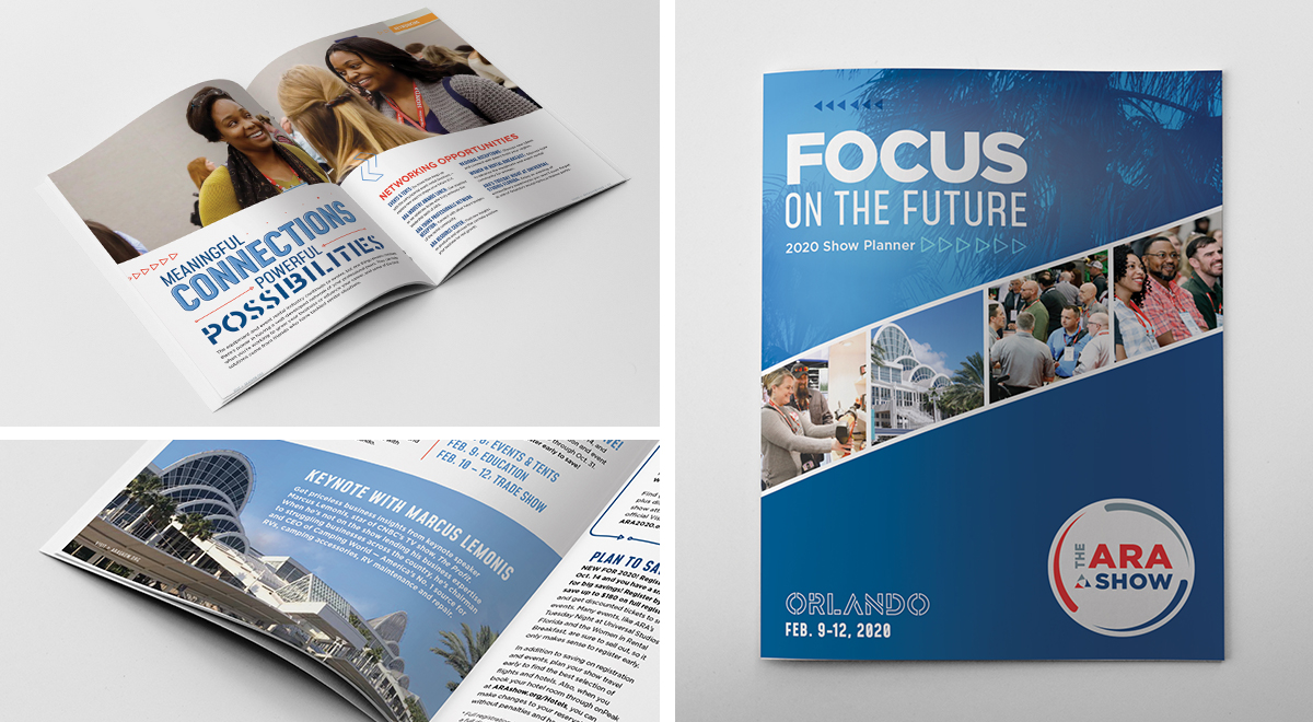 Three images, one of the 2020 ARA Show planner cover and the others showing the planner opened up to interior pages. 