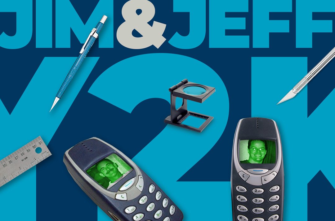 Collage with the words Jim & Jeff Y2K, old cell phones, pen, and ruler.