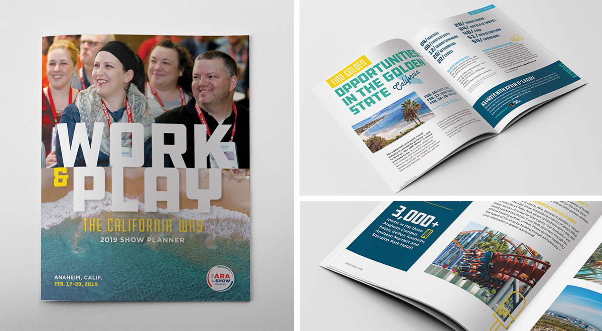Three photos, one of the 2019 ARA Show planner cover and the others showing the planner opened up to interior pages. 