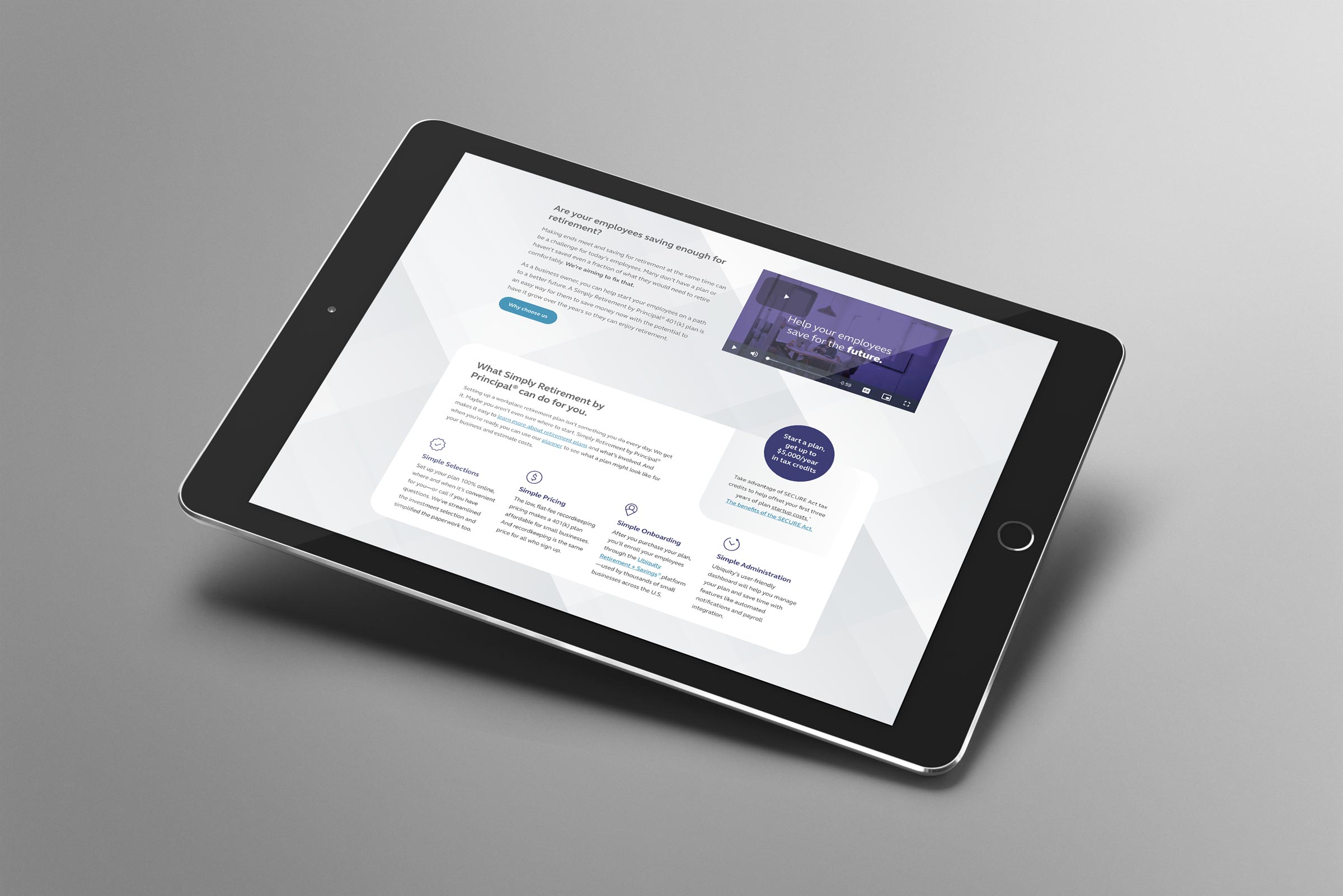 A tablet showing the Simply Retirement by Principal website design.
