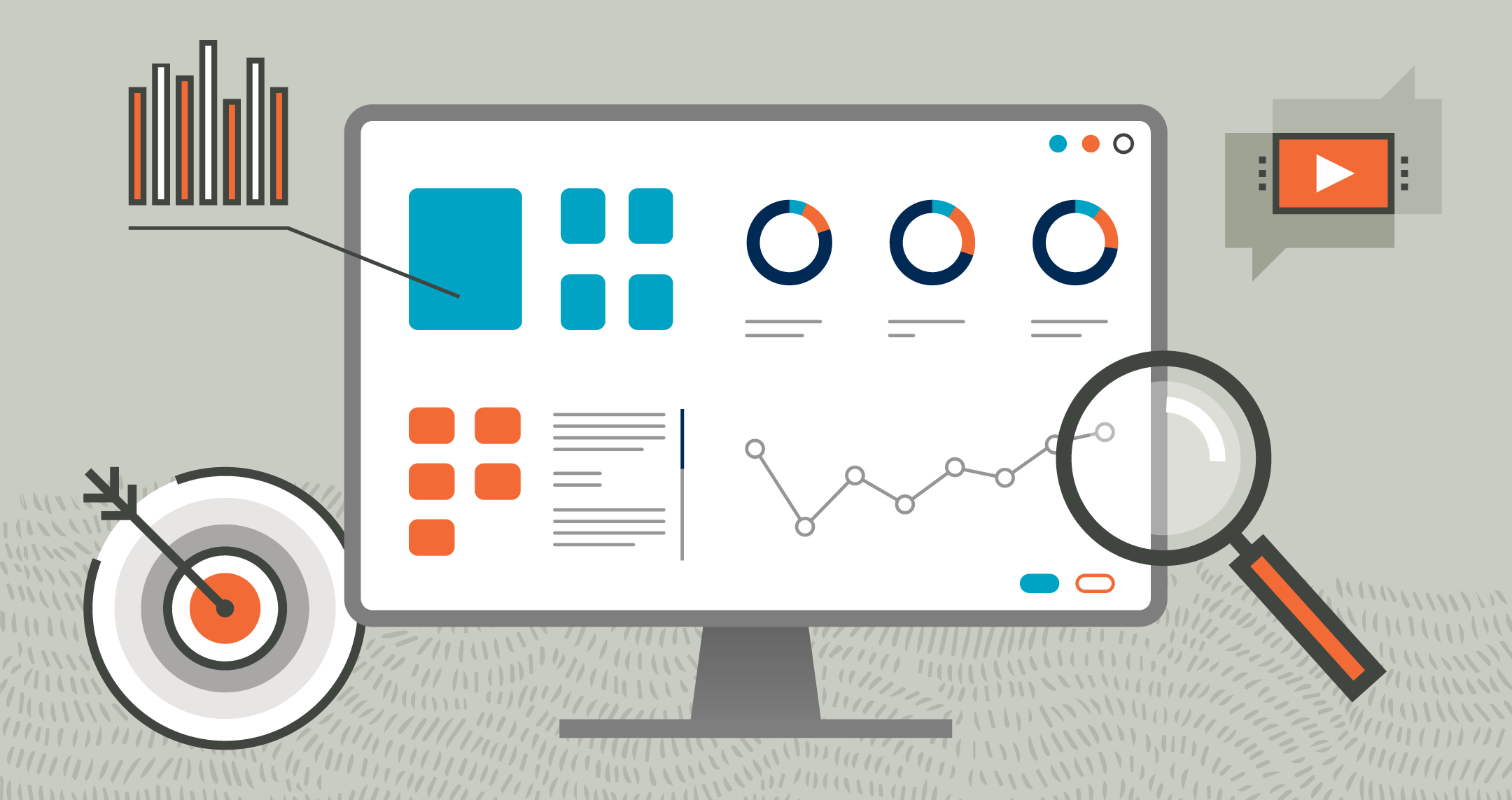 Illustration of data on a computer screen, including graphs and charts. 