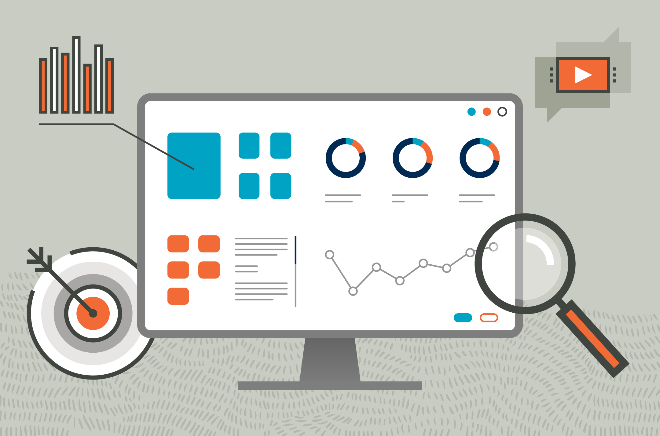 Illustration of data on a computer screen, including graphs and charts. 