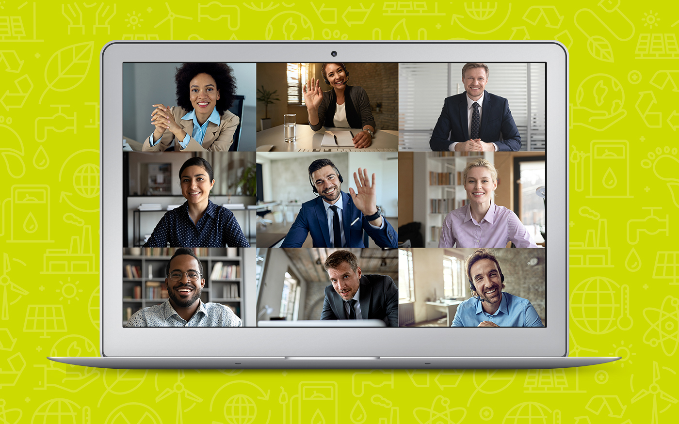 A computer screen against a bright yellow background displaying small square images of people.