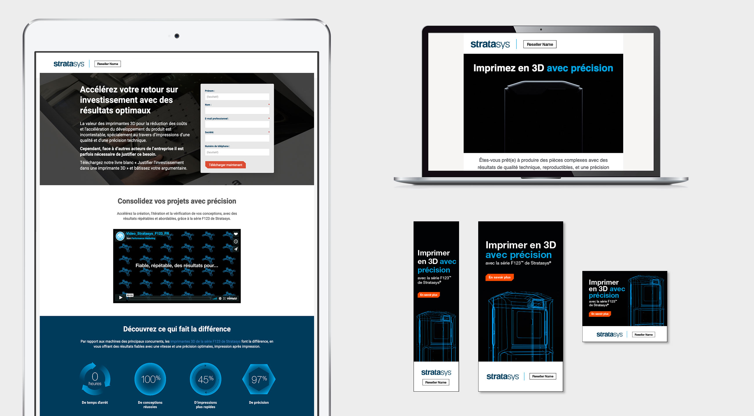 A computer, tablet, and screenshots, all showing examples of the channel marketing program.