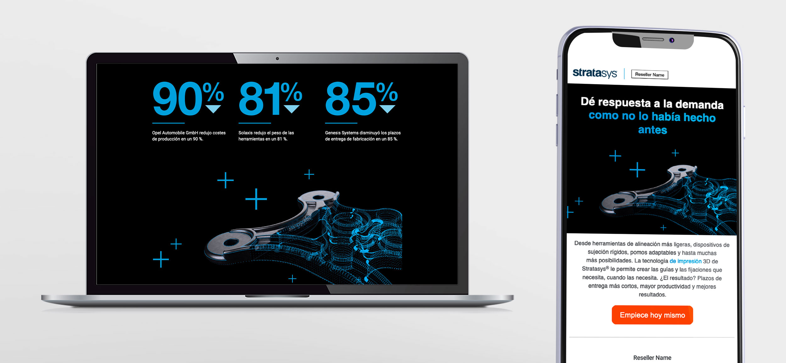 Computer and smartphone displaying campaign landing page designs in blue and black.