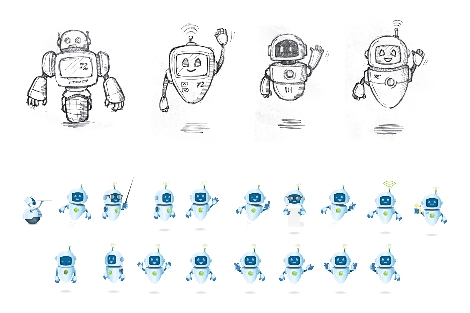 Four black-and-white sketches of different robot characters. Many in-color illustrations of one robot character in different body positions.