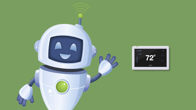 Illustrated robot waving and standing next to a smart thermostat on a green background.
