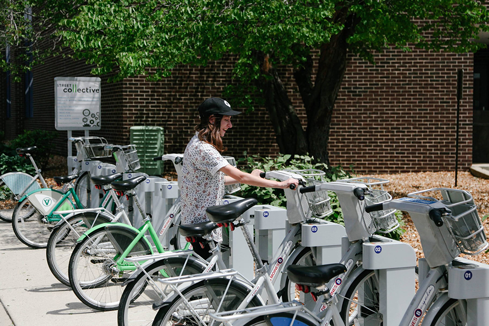 Rack of rentable bikes on the sidewalk in the East Village neighborhood.