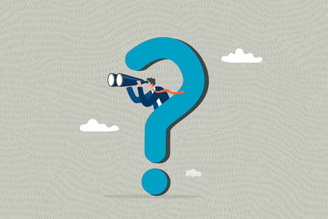 Illustration of a person standing in a question mark looking through binoculars in a cloudy backdrop