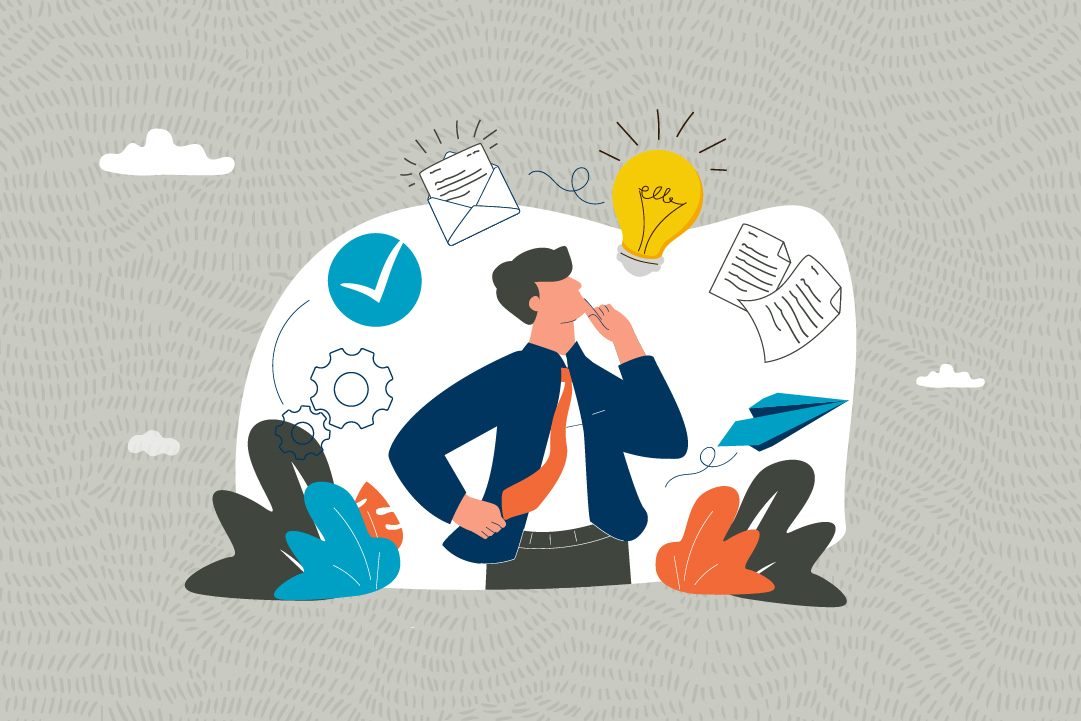 An illustration of a man thinking surrounded by icons of gears, a checkmark, an email, a lightbulb and documents. The background is patterned and there are clouds in the sky. 