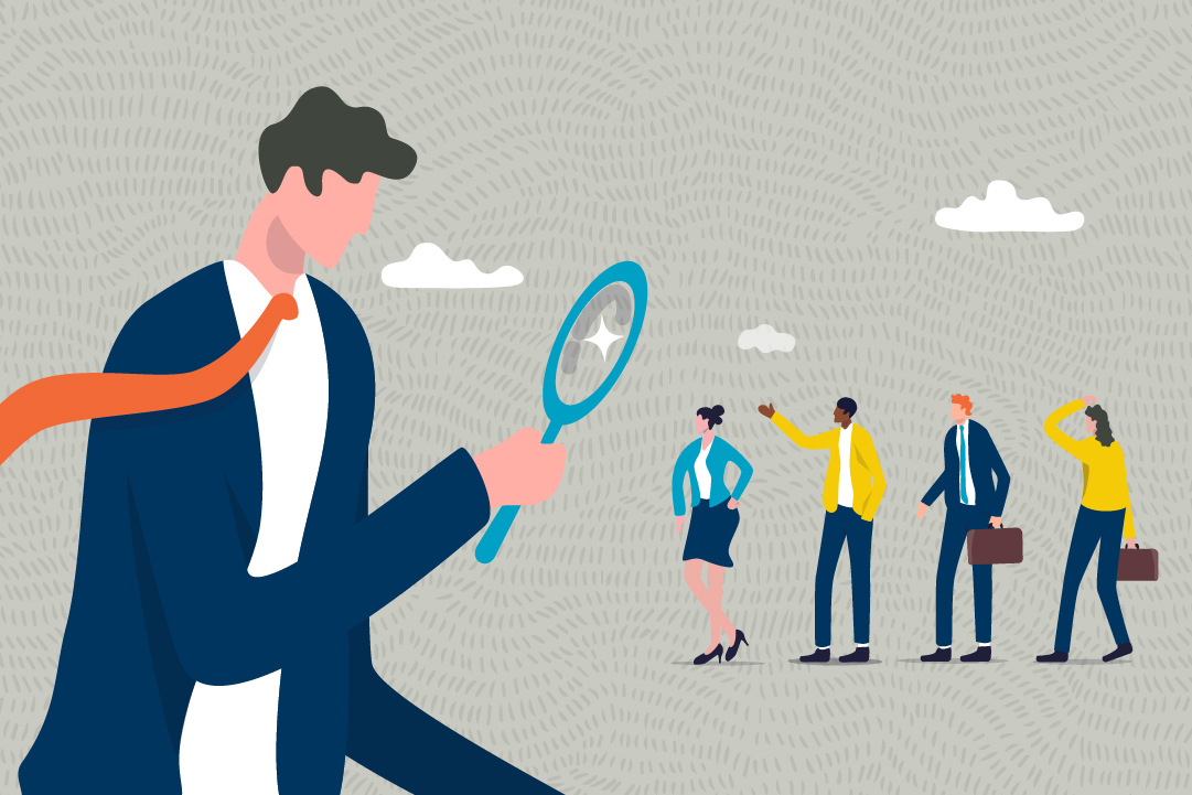 An illustration of a man holding a magnifying glass reviewing four smaller people. The background is patterned and there are clouds in the sky 
