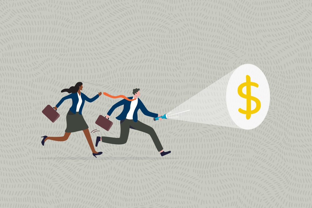 An illustration of a man and a woman with a flashlight. The flashlight illuminates a dollar sign and they are running towards it. 