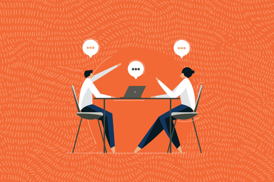 Two adults sitting at a table with a computer gesturing, with thought bubbles above their heads. 