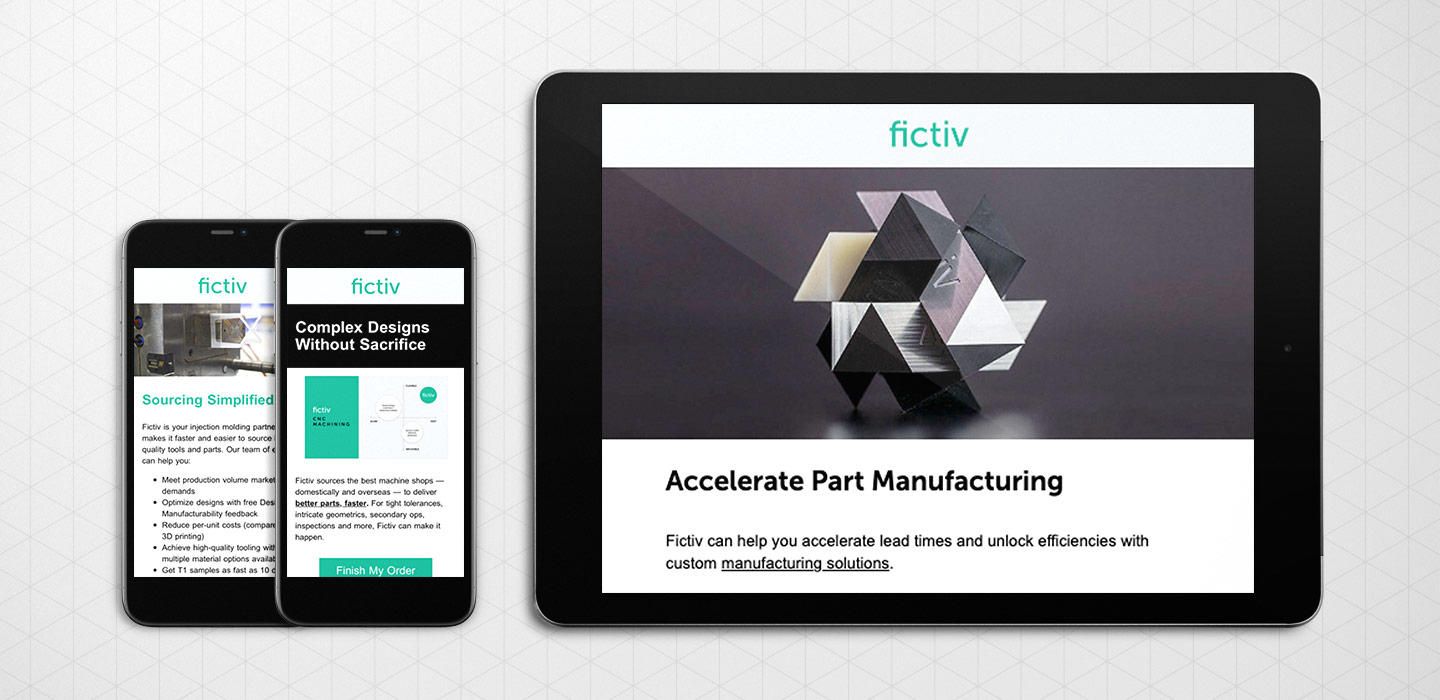 Two smartphones and one tablet showing Fictiv email designs.