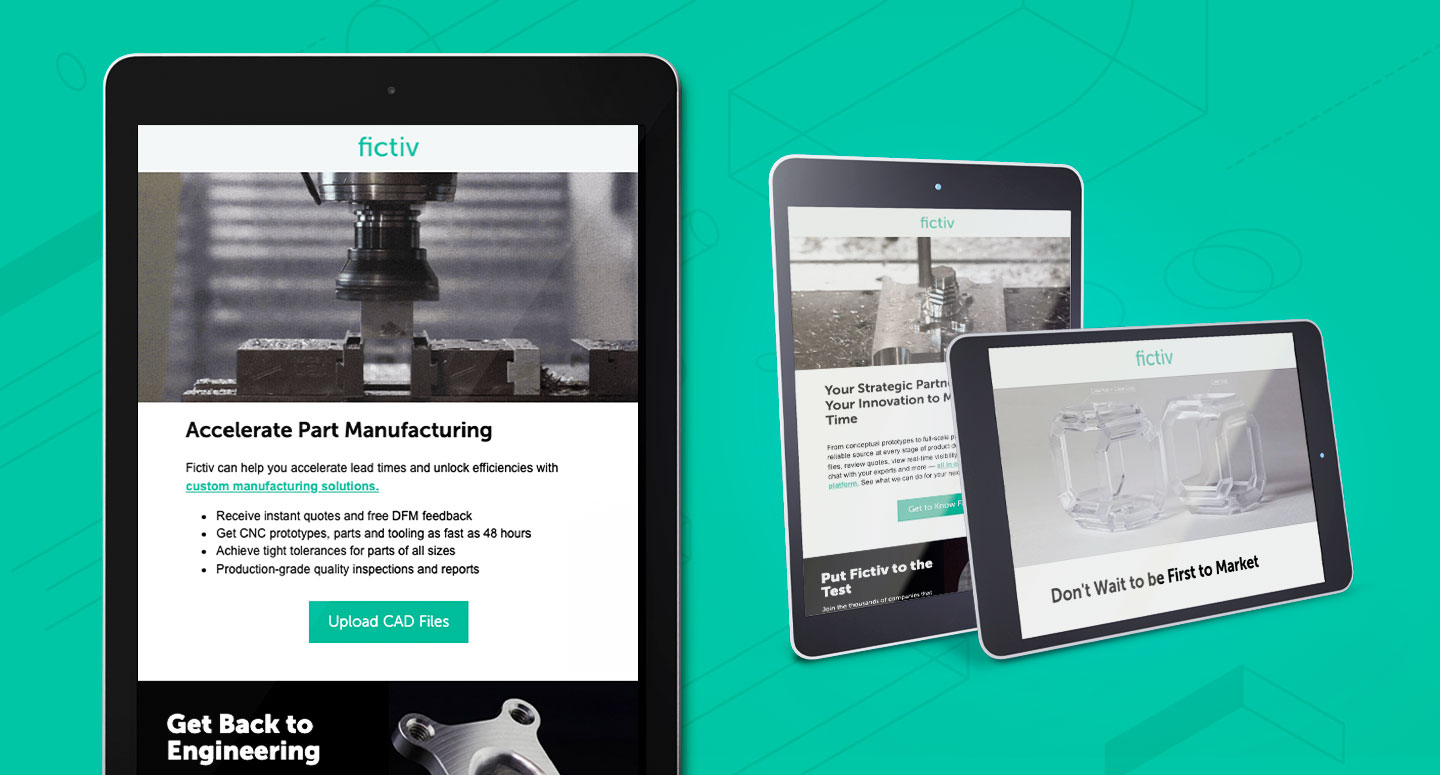 Three tablets showing Fictiv email designs.