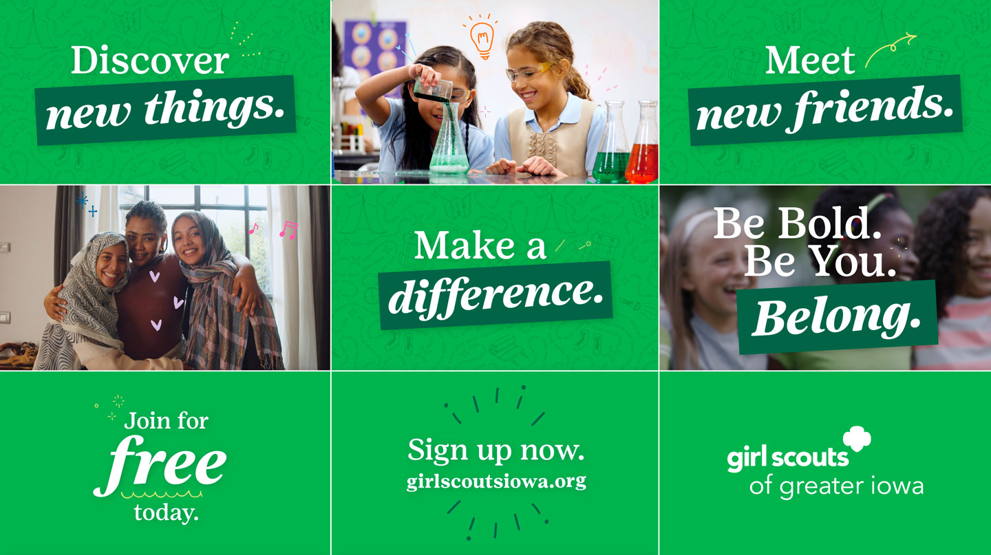 Grid with pictures of Girl Scouts and text reading “Discover new things.”, “Make a difference.” and “Meet new friends.”