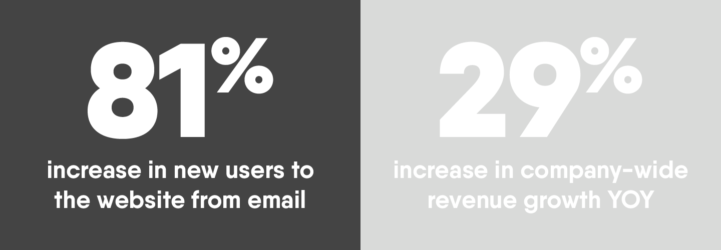 Graphic showing campaign results. 81% increase in new users and 29% increase in company-wide revenue growth YOY.