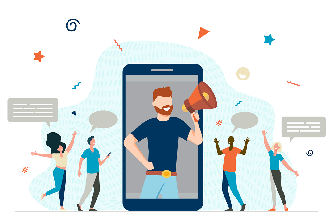 Man with megaphone and four other people with thought bubbles above their heads.