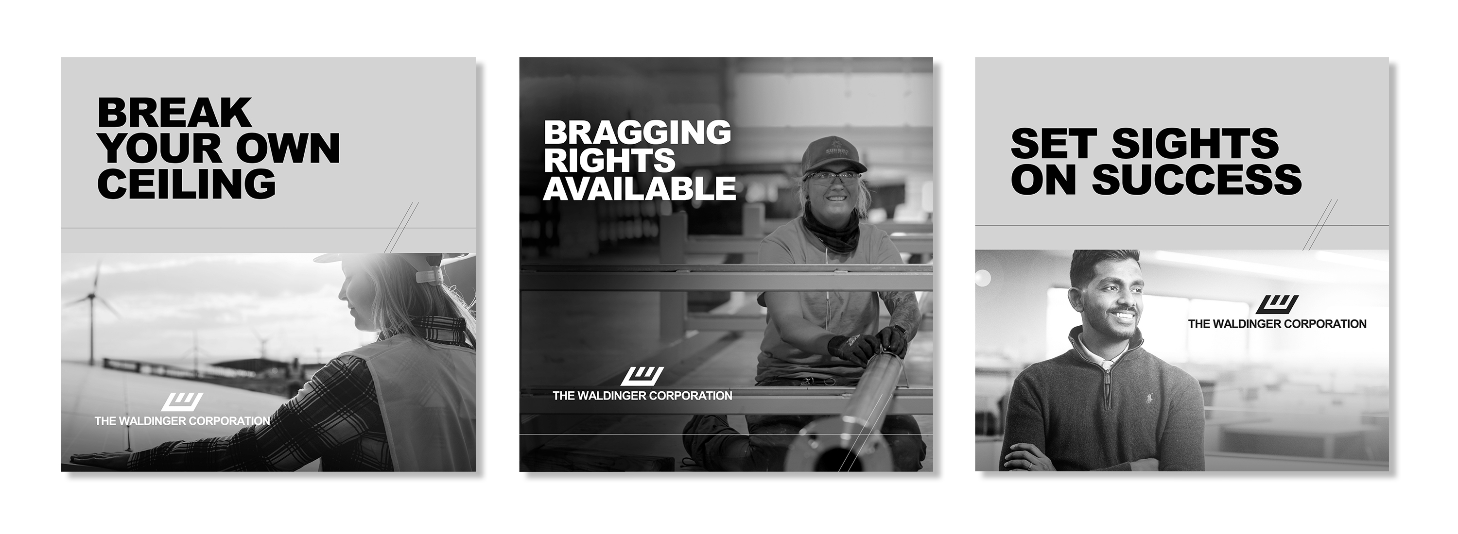 Three examples of campaign ads in black and white.