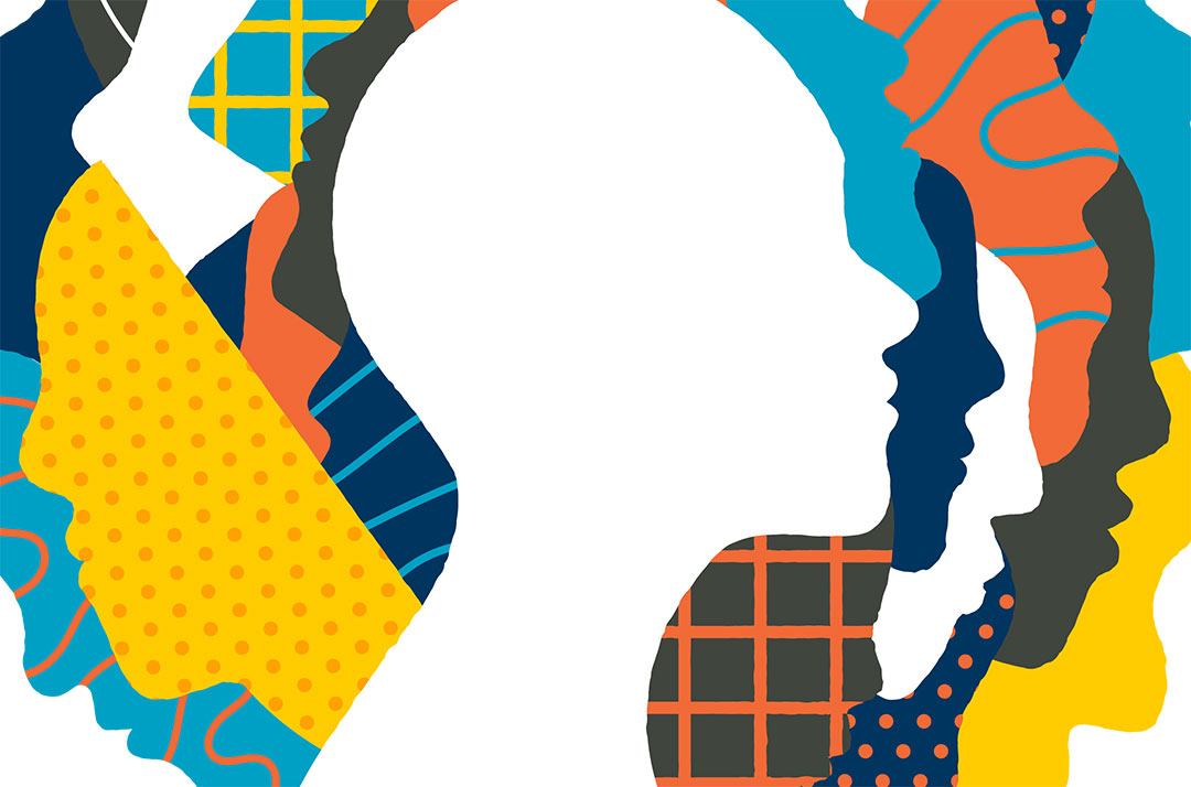 Side profile of a face repeated multiple times, at varying angles and displayed in varying colors and patterns.