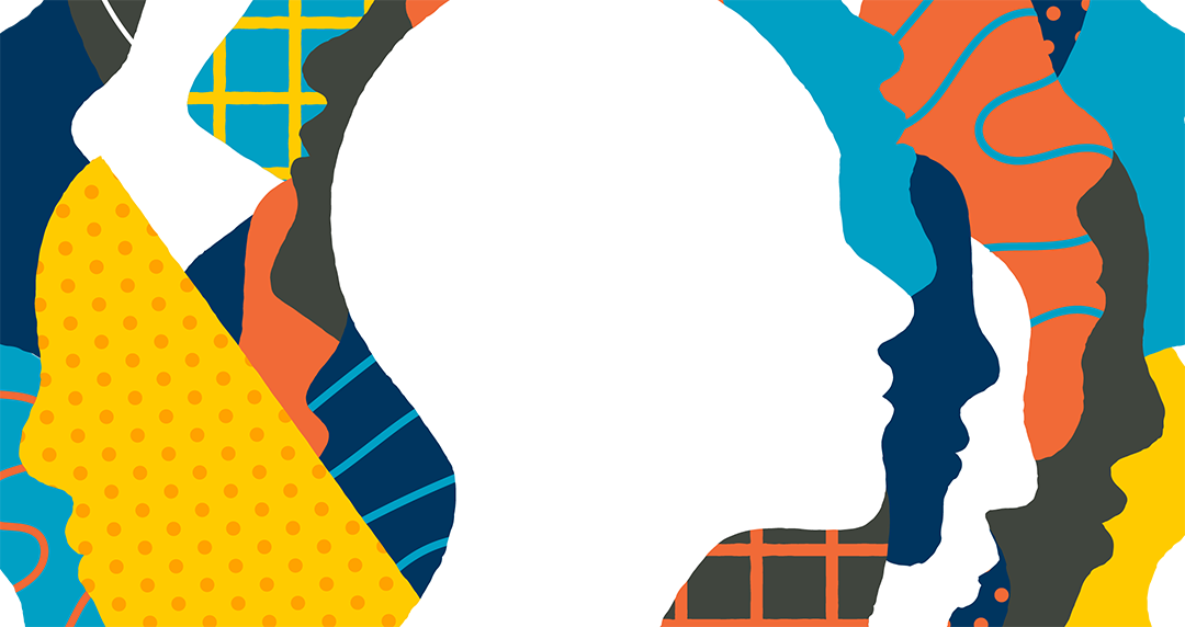Side profile of a face repeated multiple times, at varying angles and displayed in varying colors and patterns.
